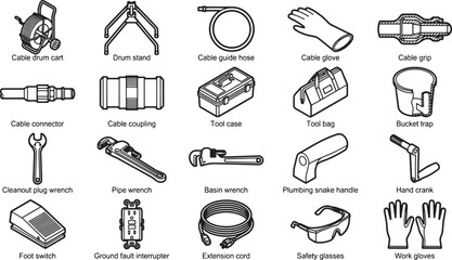 Fototapeta premium Assortment of equipment in the style of simple line art, with a focus on tools used for various maintenance tasks, arranged against a clean backdrop.