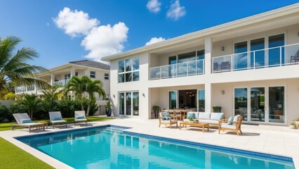 Fototapeta premium A luxurious modern house with a swimming pool and outdoor seating area