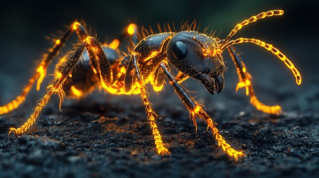 Glowing ant, dark ground, close-up, nature, digital art