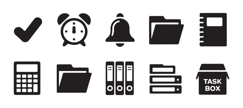 Set of common office and business icons including clock calculator bell folder and notebook for organization tasks.