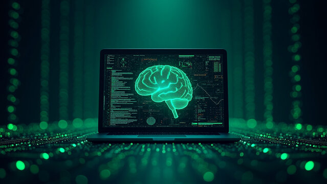AI Coding Interface Above Laptop Wide Angle View