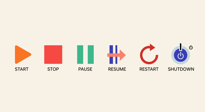 A comprehensive collection of essential digital control icons featuring playback, system management, and user interaction functions for modern interface design and software applications