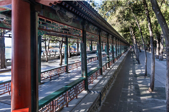 Summer Palace Long Corridor in Beijing China is a covered walkway famous for its 728 meter length in conjunction with its rich painted decoration