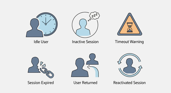Vector icons depicting user session states idle, inactive, timeout, expired, and reactivated, essential for modern digital interface and platform management systems