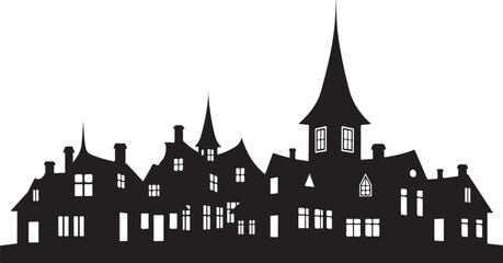 Obraz premium Black silhouette town, medieval village, Gothic architecture, city skyline