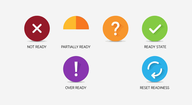 Comprehensive set of colorful user interface status icons depicting readiness levels, operational states, alerts, and reset options for digital applications and web design elements