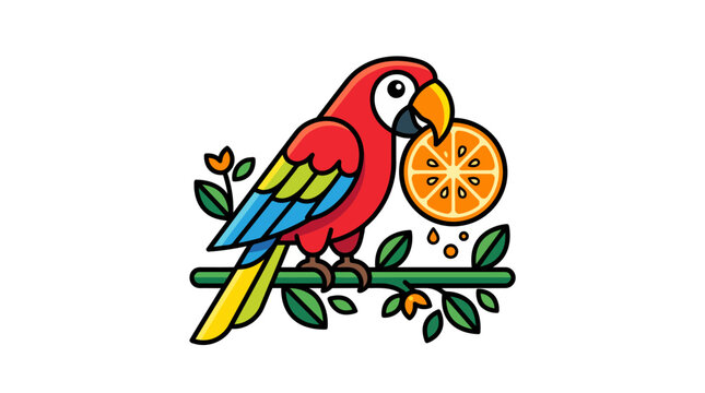 Colorful Parrot Eating a Slice of Orange Fruit.
