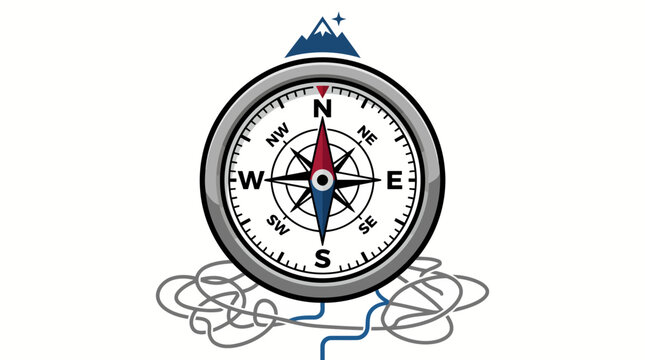 Compass with tangled string and mountain icon.