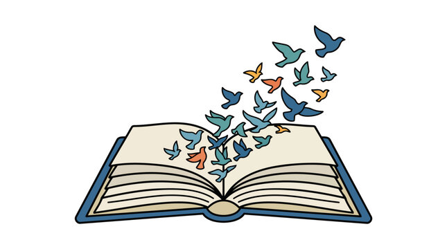 Open book with birds flying out symbolizing freedom of imagination.