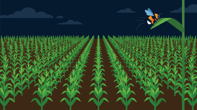 Butterfly flying over a vast cornfield at night.