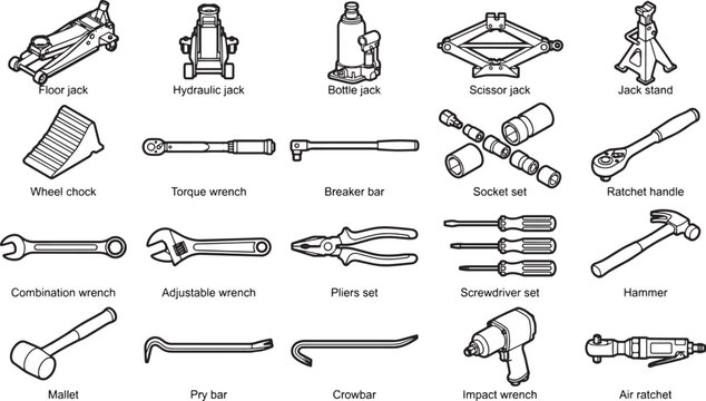 A comprehensive collection of essential mechanical tools, offering a detailed array of implements vital for automotive and repair work, ideal for illustrating concepts of mechanics, engineering.