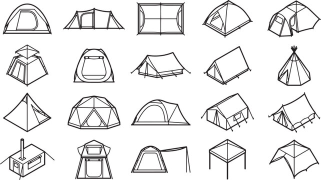 A collection of diverse tents sketched in a minimalist line art style, perfect for outdoor enthusiasts and design aficionados.