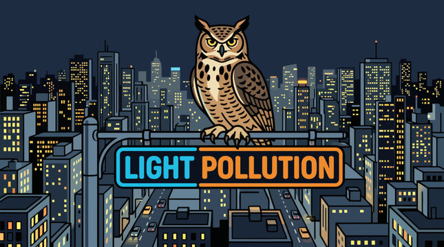 Owl perched on sign in city with light pollution.