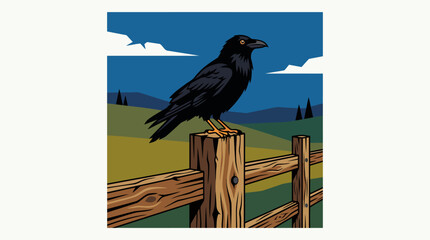 Obraz premium A solitary black crow perched on a wooden fence post.