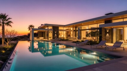 Fototapeta premium A modern house with a large swimming pool at sunset