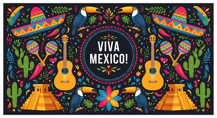 Obraz premium Viva Mexico celebratory illustration with toucans guitar pyramids and traditional cultural elements for festive banner design