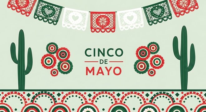 Cinco de mayo celebration banner featuring decorative cacti and colorful papel picado flags