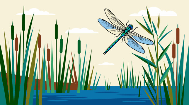 Dragonfly hovering over a marsh with reeds and water.