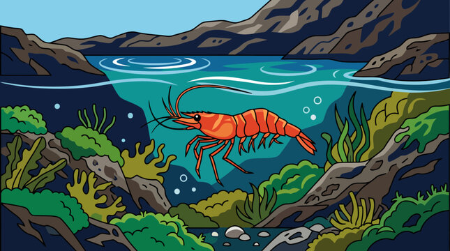 Orange shrimp swimming in clear blue water surrounded by aquatic plants.