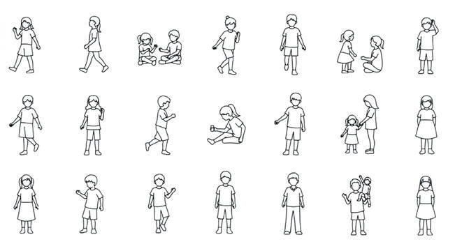 Minimalist line art children silhouettes, set of 21 vector outline kids in various poses, architectural scale figures for site plans and sections