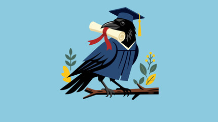 Obraz premium Intelligent Crow Wearing Graduation Cap and Gown Holding Diploma.