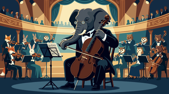 Elephant playing cello in a symphony orchestra.