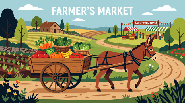 Donkey pulling cart full of fresh produce at farmers market.