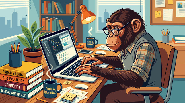 Monkey wearing glasses typing on a laptop at a desk.