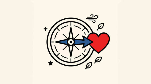 Compass pointing towards a red heart symbol representing love direction.
