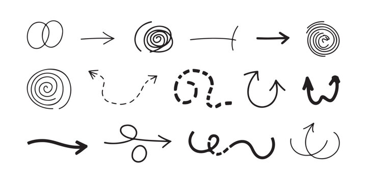 Black hand drawn arrows and circular scribble elements collection set over transparent background for designs.