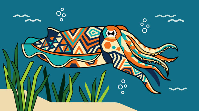 Colorful Cuttlefish with Geometric Patterns Underwater Scene.