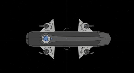 Top-down view of a gray and blue spacecraft with four light gray turret guns in a space scene illustration with thin crosshairs © uci