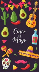Naklejka premium Cinco de Mayo festive flat design elements with avocado and guitar vector illustration