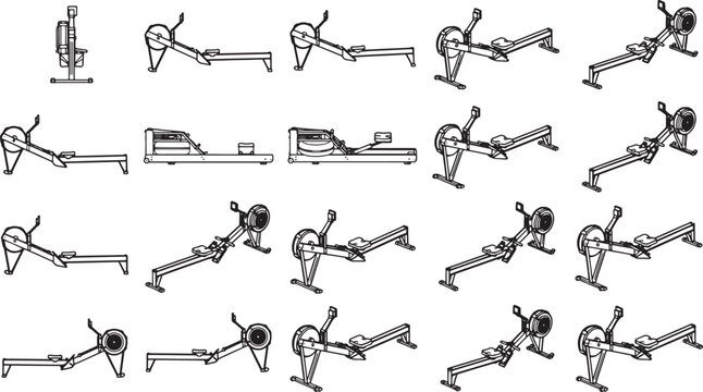 A comprehensive display of indoor rowing machines in a training gym, capturing the essence of fitness and exercise with minimalist style.