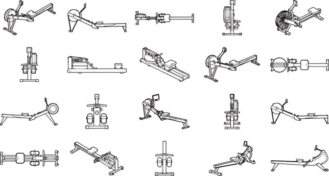 Rowing machines, various angle illustrations, perfectly illustrating the different types and angles of the indoor rowing exercise machine, in a variety of clean and precise line drawings.