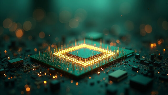 CPU Processor Macro Futuristic Lighting Wide Angle View