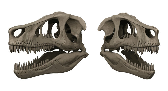 Tyrannosaurus Rex skull side view in detailed illustration; prehistoric dinosaur fossil in neutral tones science and paleontology theme