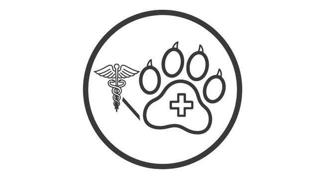 Veterinary medicine icon with paw print and caduceus symbol in clean line art inside circle for animal healthcare design
