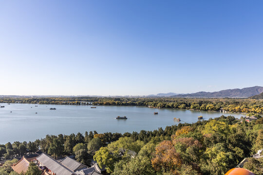 View of Summer Palace Kunming lake from the elevated Tower of Buddhist Incense in Beijing, China