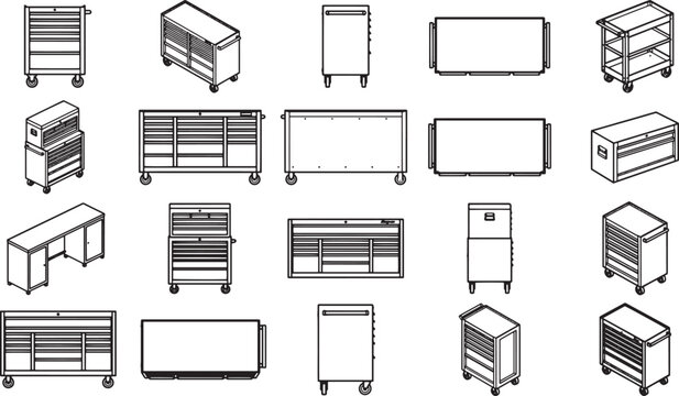 Industrial workshop storage solutions are meticulously arranged, presenting a comprehensive assortment of robust tool cabinets, durable tool chests.
