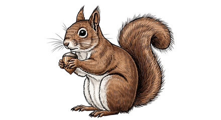 Charming hand-drawn illustration of a brown squirrel with a bushy tail, happily holding an acorn, ideal for nature, wildlife, and children's themed designs and educational materials © BrandUp