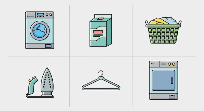 Collection of icons depicting laundry items and appliances including a washing machine, detergent, clothes basket, iron, hanger, and dryer