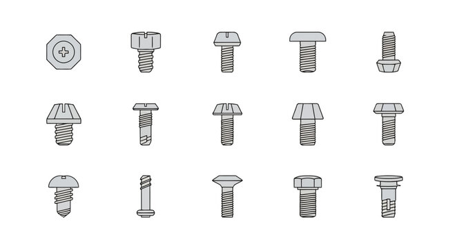 Collection of various types of screws and bolts, each with unique head shapes for different applications and fastening needs