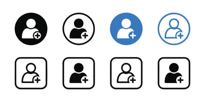 Add user icon set, profile avatar symbol, people plus sign, account pictogram, add new friend sign vector.