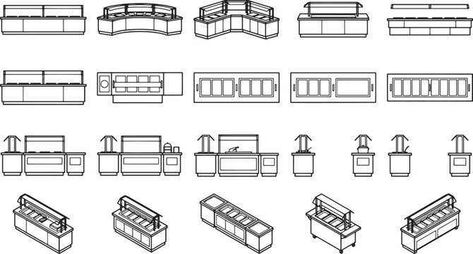 A meticulous isometric technical illustration showcasing a comprehensive array of retail display units, highlighting design and spatial planning for commercial environments.