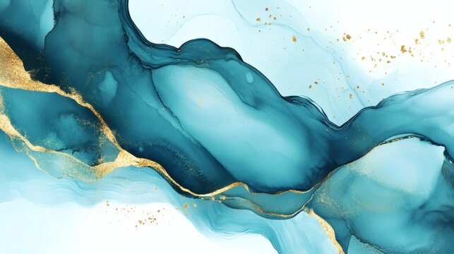 Abstract teal and gold alcohol ink background with flowing shapes and metallic accents, soft gradients and marble-like veins