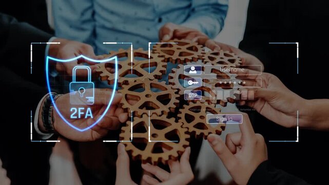 A group of diverse individuals collaborates on a two-factor authentication concept, showcasing gears and a lock icon to emphasize security in digital solutions. Raster