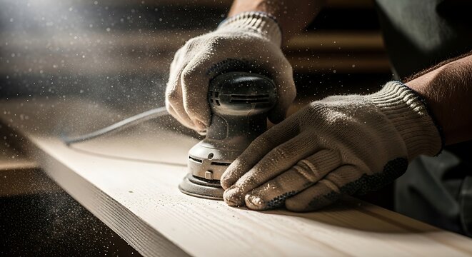 Professional woodworker sanding timber plank with electric orbital sander in workshop
