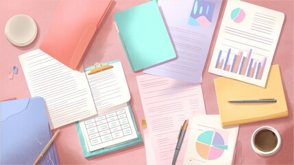 Obraz premium Colorful workspace with notebooks, documents, charts, and office supplies arranged on a pink background, ideal for creative and organizational concepts