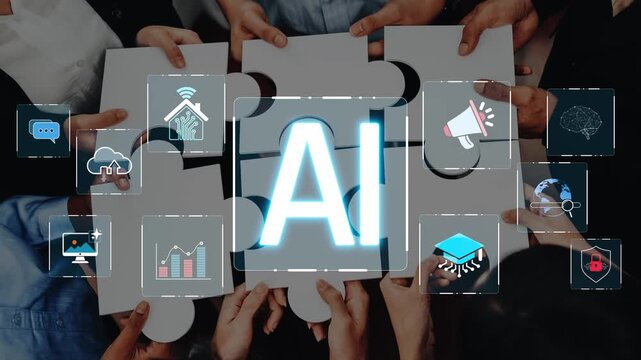 Diverse hands come together to hold puzzle pieces, showcasing an AI concept in a vibrant digital landscape. Visualize innovation, teamwork, and the future of technology. Raster